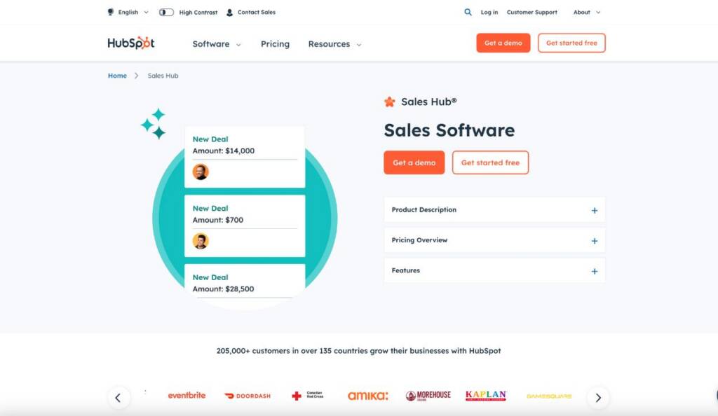 Screenshot of Hubspot’s sales software feature page